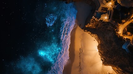 Nighttime coastal scene with illuminated beach and cliffs, featuring a starry sky.