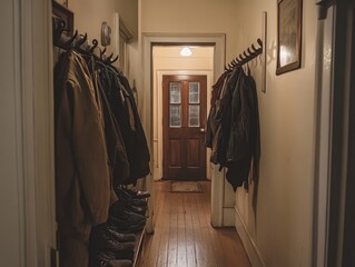 Photo of a hallway with an overflowing shoe rack and jackets hanging loosely on hooks