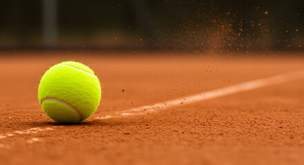 Tennis ball on clay court line in action during tennis match