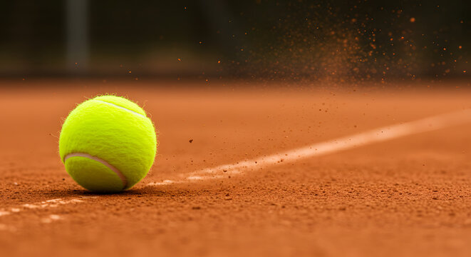 Tennis ball on clay court line in action during tennis match