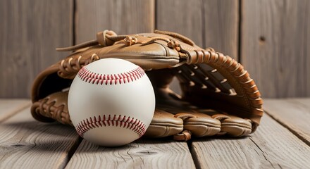 Baseball and Glove on Rustic Wood: Classic Sport Still Life