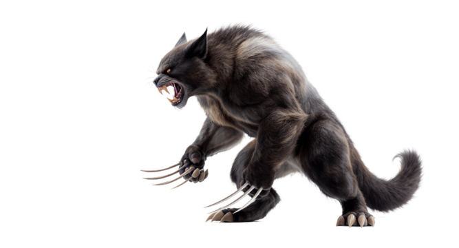 Werewolf creature snarling fantasy monster fierce dark fur sharp claws powerful mythical