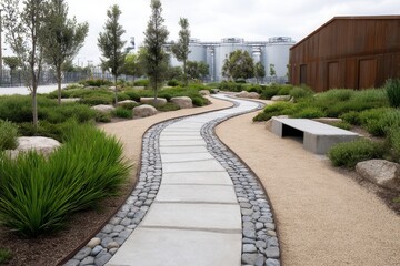 Serene pathway through modern industrial park with lush greenery.