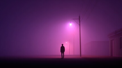Neon Noir Scene with Lone Figure Under Purple Streetlamp