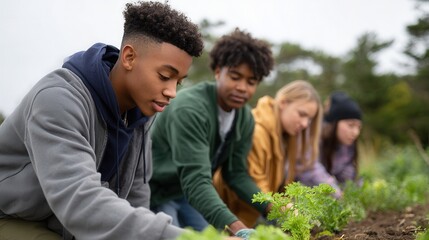 Diverse group of teens gardening together in community project.