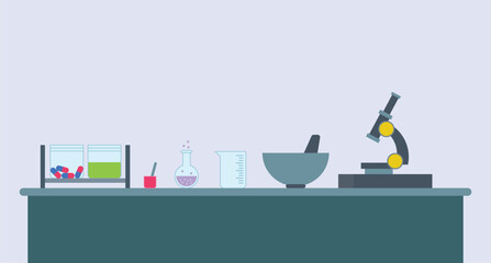 Illustration table with laboratory equipment unique design