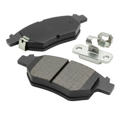New pristine disc brake pads with dark grey friction material and metallic backing, precise mounting holes, isolated on a transparent studio background for industrial automotive product clarity