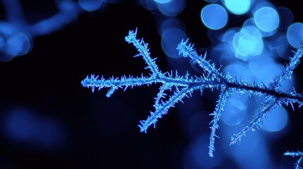 Close up of a icy branch with bokeh in the background