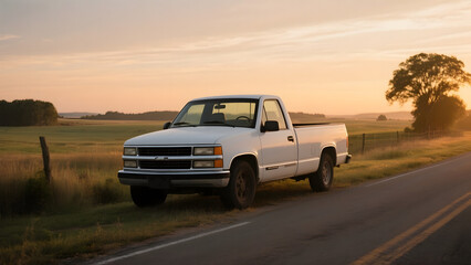 White pickup truck parked on a rural road during sunset