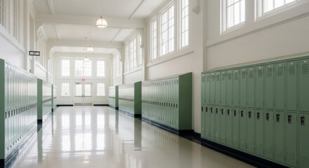 Empty school hallway lined with green lockers and bright windows, suggesting a quiet academic environment or a break from learning activities.