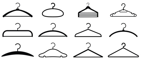 Fototapeta premium Clothes hanger icon. Set of clothes hanger vector icons. Hanger for cloakroom or closet. Hang for coat, shirt or suit. Clothes hanger silhouette collection. Clothing and Wardrobe Vector Icons