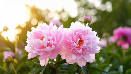 Fototapeta premium Pink Peonies Blooming in Sunset Garden