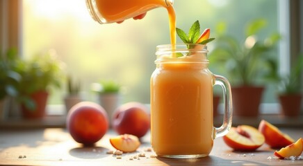 Peach smoothie being poured into a jar