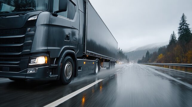 Swift motion of black semi-truck on rainy highway with dramatic overcast sky.