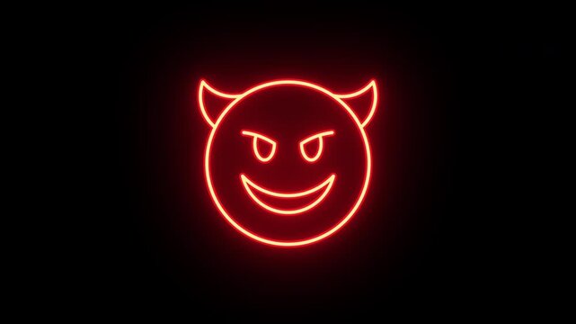 Neon devil emoji animation, uniform rotation with color blink. Glowing neon 3D demon emoticon, looped spin with blink. Devil emoji with grin face, mockery emoticon, cute demon icon. 3 colors
