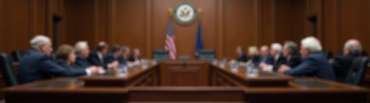 Congressional hearing room with blurred flags and nameplates elderly rights blurred background