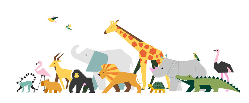 Fototapeta Safari animals illustration geometric African wildlife in cartoon style on white background. Includes giraffe, elephant, lion, rhino, crocodile, flamingo, gorilla, ostrich, lemur, and more. Perfect