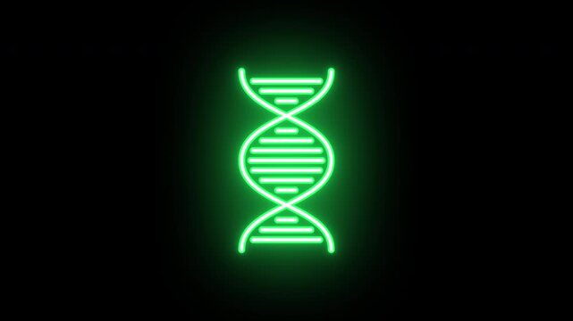 Neon DNA helix animation, uniform rotation with color blink. Glowing neon 3D DNA strand icon, looped spin with blink. Gene engineering, DNA mutation, genetic data research, biotechnology. 4 colors