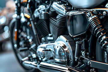 Fototapeta premium クロームパーツが輝くクラシックバイクのエンジンとサスペンション