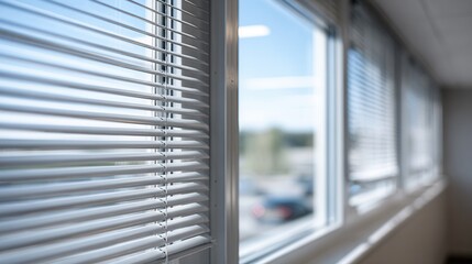 Bright office hallway with sunlit windows and closed blinds.