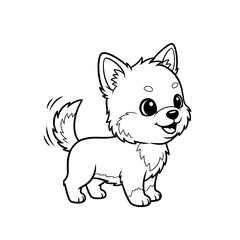 Cute cartoon puppy wagging tail, black and white vector illustration of happy dog for coloring book or kids design