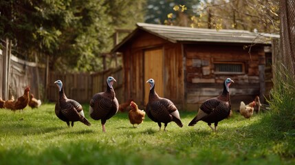 Turkeys and chickens roam freely in a sunny farmyard near a rustic wooden shed during a peaceful afternoon