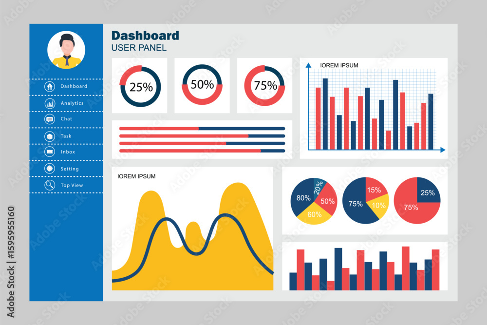 Poster infographic dashboard template with flat design graphs and charts. information graphics elements