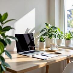 Fototapeta premium Bright Home Office Workspace with Laptop, Plants, and Sunlight 