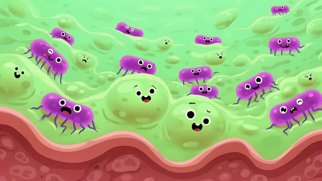 Stylized cartoon closeup of bacterial infestation on organic surface