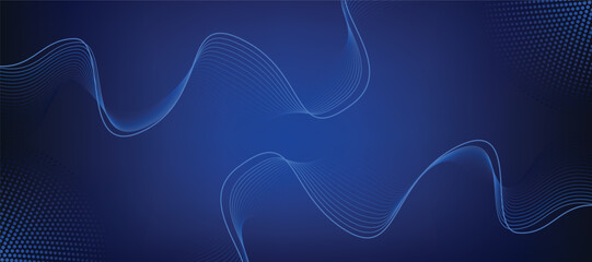 Dark Blue Abstract Wavy Background with Glowing Lines and Halftone Dots Futuristic Design