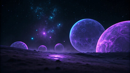 Alien planets glow with soft violet light in a starry cosmic landscape space galaxy