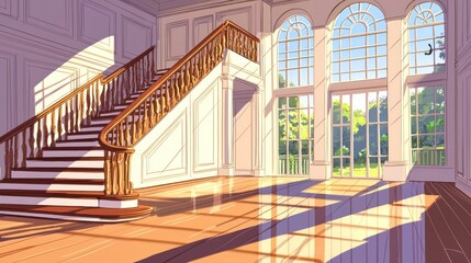 Fototapeta premium Grand hall with a grand staircase bathed in sunlight.