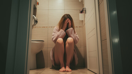 teen girl crying alone in bathroom, mental health crisis, anxiety, youth, isolation, emotional care, bathroom setting
