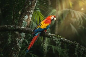 A vibrant scarlet macaw parrot perches on a mossy branch in a lush rainforest