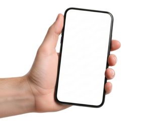 Male hand holding smartphone with blank screen isolated on transparent background.