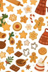 Fototapeta premium Christmas Cookie Baking Seamless Pattern – Gingerbread, Star Cookies, and Holiday Treats
