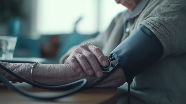 elderly person checking blood pressure, hypertension, aging, monitoring, prevention, chronic illness, home care setting - Powered by Adobe