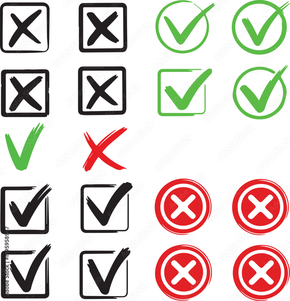 Wall mural check tick mark icon set. cross box x check mark checkbox v list vector draw hand drawn sketch doodl
