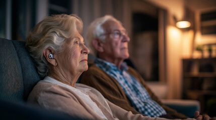 elderly couple watching TV with hearing aids, hearing loss, accessibility, communication, senior life, technology, living room