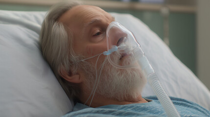 elder on oxygen support, COPD, aging, respiratory care, chronic illness, dependence, hospital room,