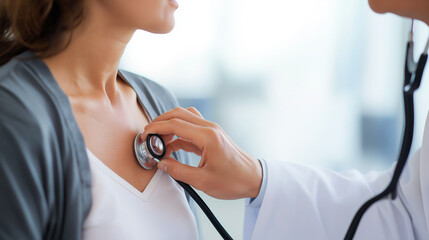 doctor checking lungs with stethoscope, pneumonia, diagnostics, acute care, respiratory issues, attention, exam room, medium shot, daylight