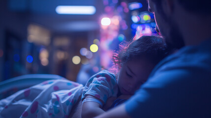 child in ER with parent, trauma, emergency, parental support, anxiety, urgent care, emergency room, full shot, night