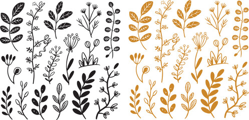 Fototapeta premium botanical doodles vector set in black and white. Includes leaves, stems, buds, tiny flower heads, ferns, and climbing vines.