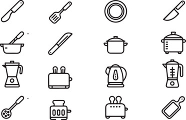 Fototapeta premium Kitchen Tools Vector Icon Set Adjustable Line Weight Knife, spatula, pan, pot, blender, kettle, toaster, cutting board.e
