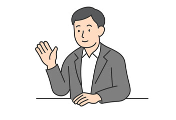 Obraz premium Smiling Businessman Waving Hand Illustration An illustration of a businessman in a gray suit waving his hand with a smile. Useful for presentations, online meetings, introductions, and business-relate