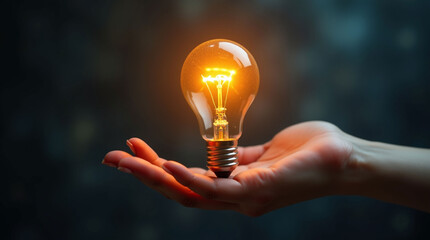 A human hand presenting a brilliant, glowing orange light bulb against a dark, blurred background, symbolizing a new idea, innovation, or inspiration