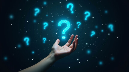 A human hand is reaching towards multiple glowing neon-blue question mark symbols floating in a dark, digital space, symbolizing uncertainty, queries, or problem-solving