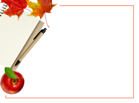 Empty notebook page, red apple, pen and autumn leaves in a corner arrangement with frame isolated on white background. Top view. Flat lay. School concept.