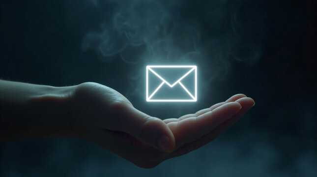 An open hand in a dim setting supports a bright, glowing white outline of an envelope icon, symbolizing communication, email, or digital messaging