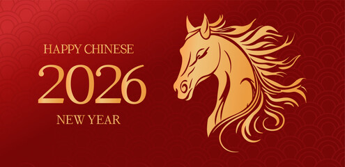 Colorful greeting card or banner. Chinese New Year of the horse 2026. Golden fire horse head on red gradient background. 